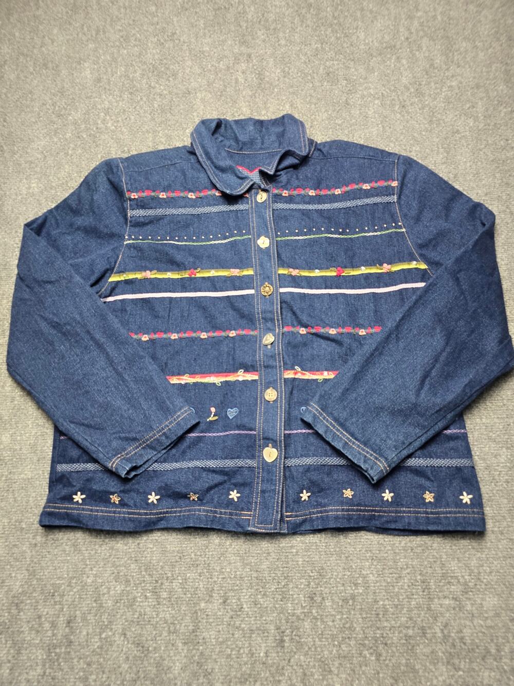 Vintage Koret City Blues Embellished Denim Jacket Floral Embroidery L